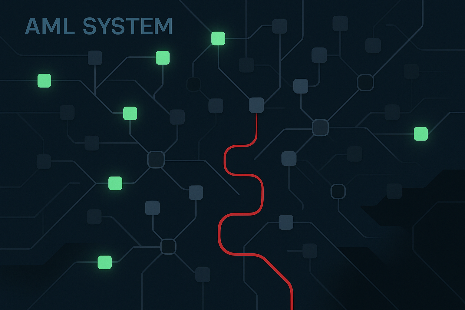 „Abstraktes AML-System mit grün markierten Knoten und rotem Risikopfad – Visualisierung von Geldwäscheprävention und verdächtigen Krypto-Transaktionen.