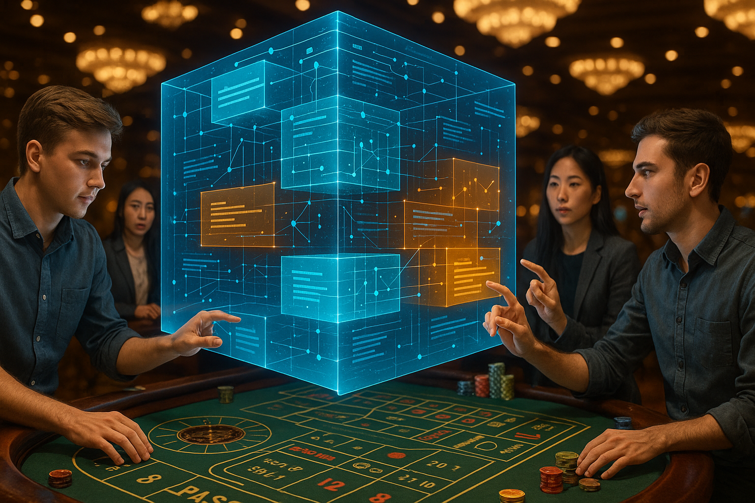 „Elegante Menschen an Casino- und Krypto-Spieltischen wie Blackjack oder Roulette. Die Szene steht symbolisch für digitale Risiken, falsche Trading-Plattformen, Krypto Betrug, Geldwäsche-Verdacht und die Notwendigkeit anwaltlicher Hilfe bei Finanz- und Krypto-Schäden.“