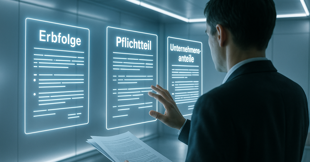 „Darstellung zur Planung von Erbe, Nachlass und Pflichtteil mit digitalen Symbolen und moderner Vermögensübersicht.“