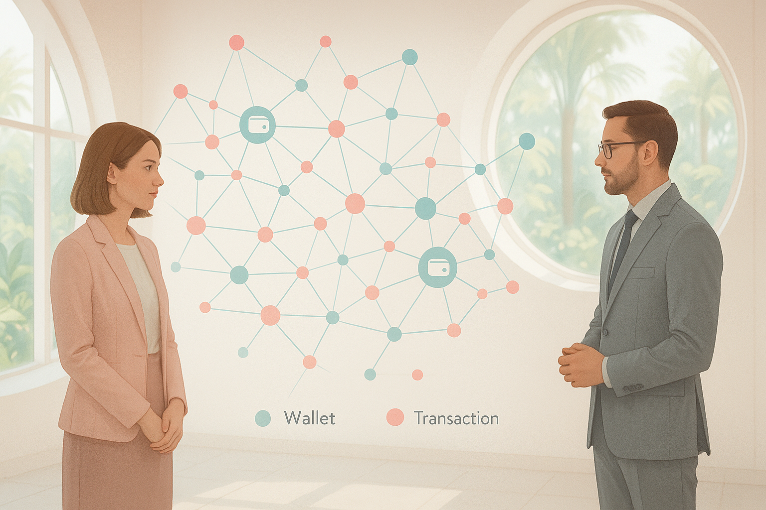 Frau blickt erschrocken auf holografisches Profil, das aus Wallet-Daten erzeugt wurde.