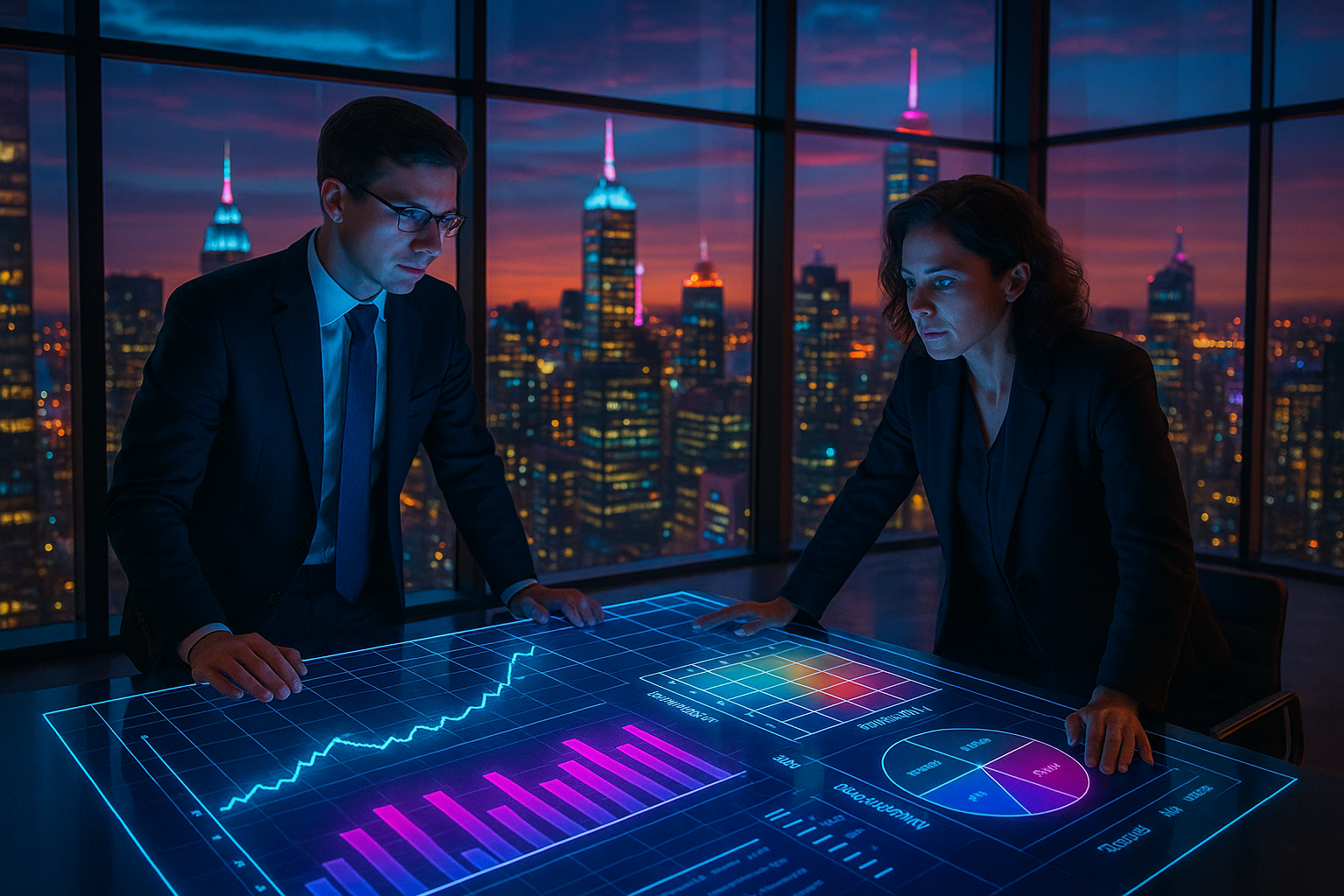 Team betrachtet holografische Anzeige einer hohen Steuernachzahlung durch Tokenmodell.