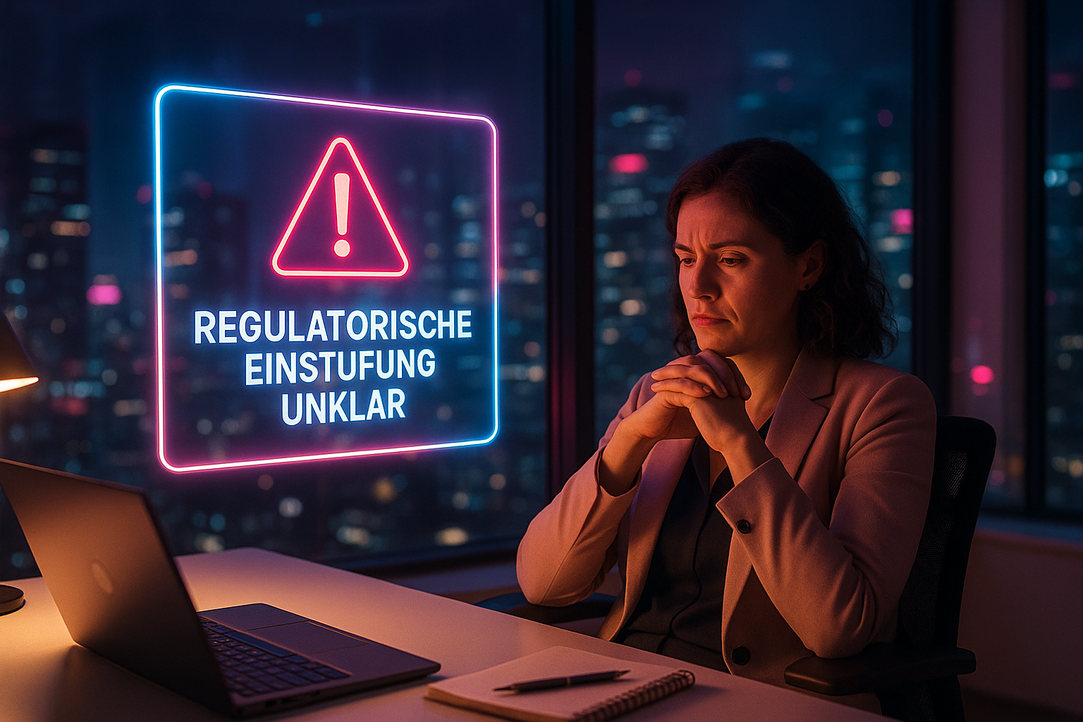 Unternehmerin blickt besorgt auf holografische Warnung zur regulatorischen MiCA-Einstufung eines Utility-Tokens.