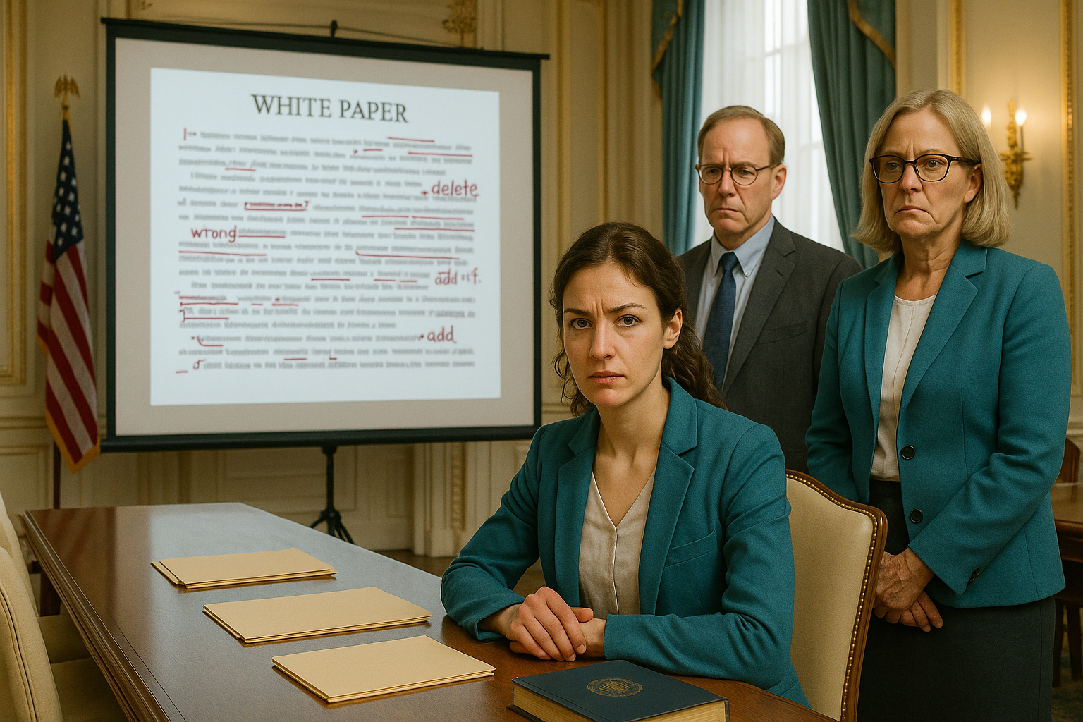 Juristin und Team analysieren fehlerhaftes MiCA-Whitepaper mit markierten Stellen.