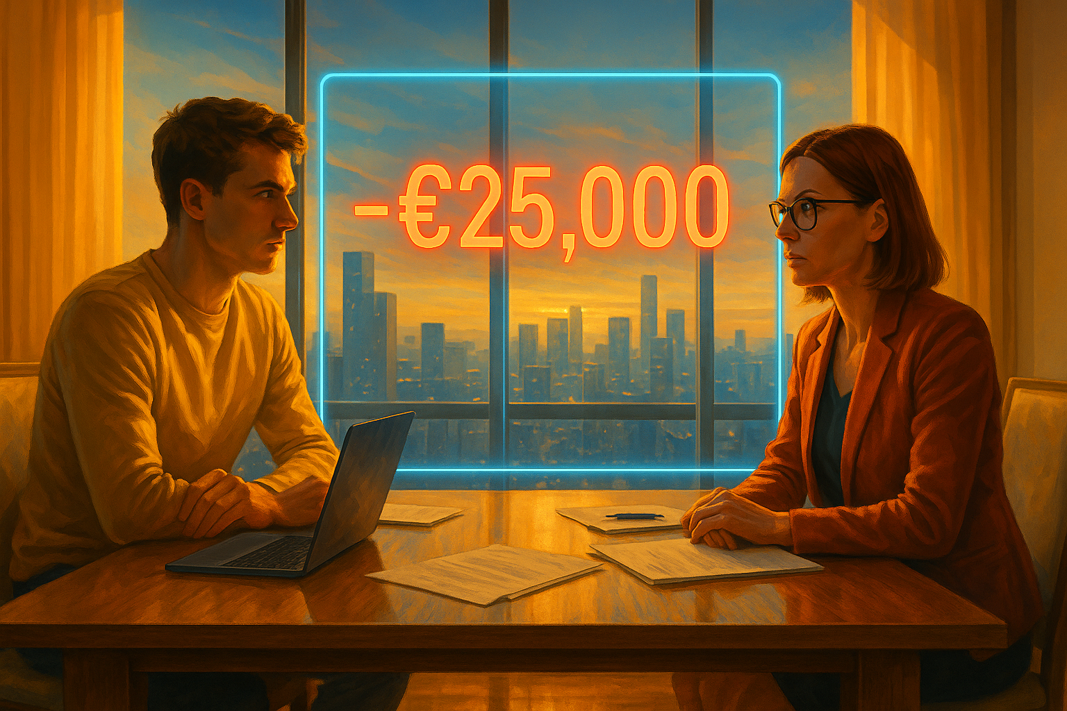 Team betrachtet holografische Anzeige einer hohen Steuernachzahlung durch Tokenmodell.