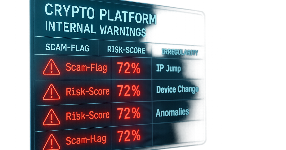 Warnsignale für Krypto-Kontoübernahme: unbefugter Zugriff, 2FA-Manipulation, Gerätewechsel und interne Betrugsindikatoren.
