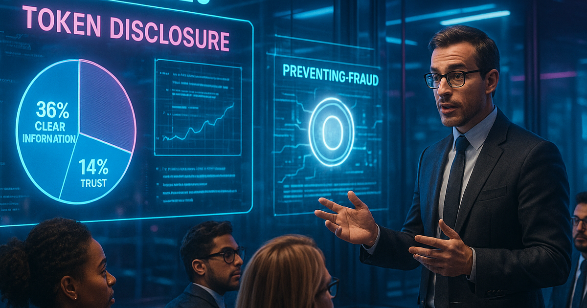 Futuristische MiCA-2025-Darstellung mit Visualisierungen zu Token-Transparenz und Betrugsprävention.