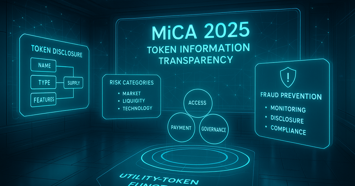 „Futuristische Darstellung der MiCA-2025-Regeln zu transparenten Tokenangaben, Anlegerinformationen und Risikodaten. Die Grafik zeigt digitale Informationsstrukturen, die verdeutlichen, wie Offenlegungspflichten Betrug und Love-Scams im Kryptomarkt erschweren.“