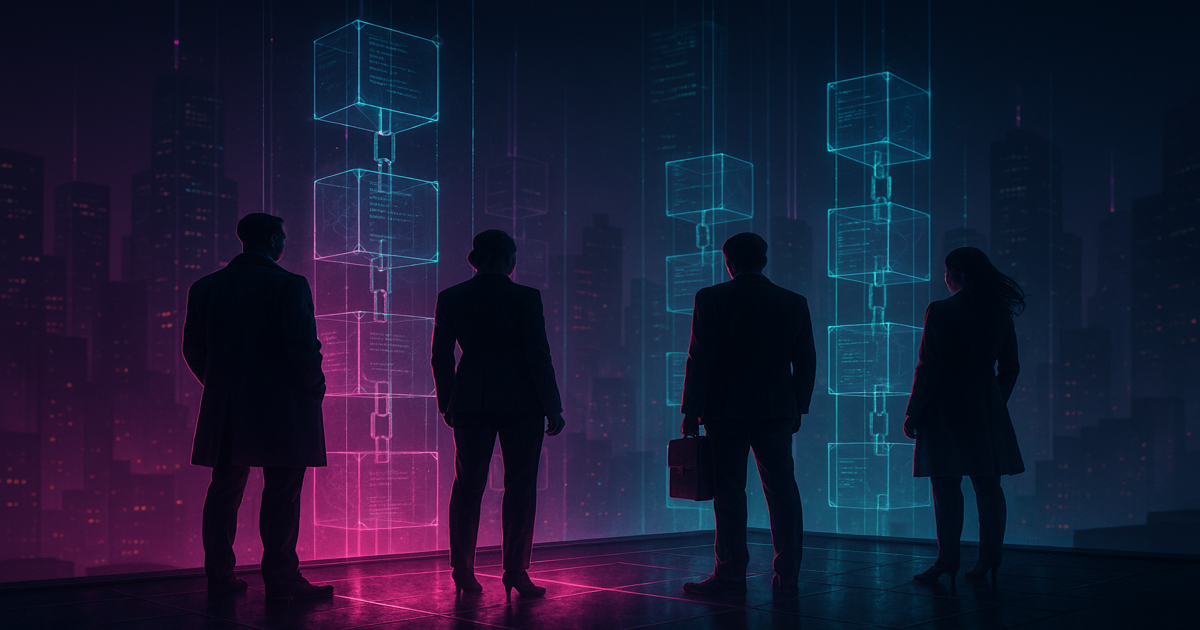 Juristisches Expertenteam vor digitaler Blockchain-Grafik – Beratung zu MiCA, Token, Krypto-Regulierung und Betrugsfällen.