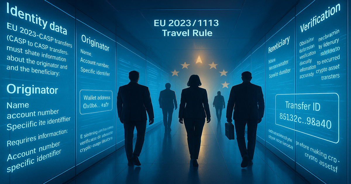 Professionelle Visualisierung der EU-Travel-Rule und MiCA-Compliance: Anwälte und Analysten betrachten Datenflüsse, Wallet-Risiken und regulatorische Anforderungen bei Krypto-Transfers.