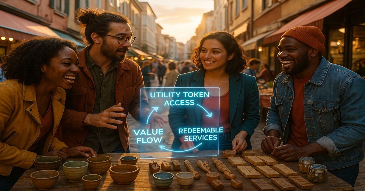 Menschen interagieren mit holografischen Utility-Token-Diagrammen – Nutzung, Access-Pass und Wertfluss visualisiert.