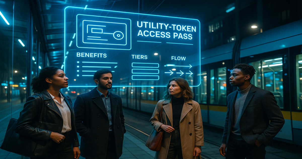 Menschen interagieren mit holografischen Utility-Token-Diagrammen – Nutzung, Access-Pass und Wertfluss visualisiert.