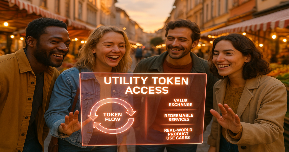 Gruppe am Markt betrachtet ein holografisches Utility-Token-Display zu Wertfluss, Leistungen und realen Anwendungsfällen.