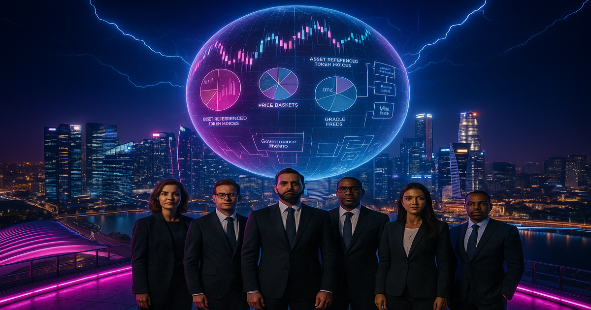 Experten vor futuristischer Skyline analysieren Oraclerisiken, Preisfeeds und MiCA-Pflichten für Asset-Referenced Tokens.