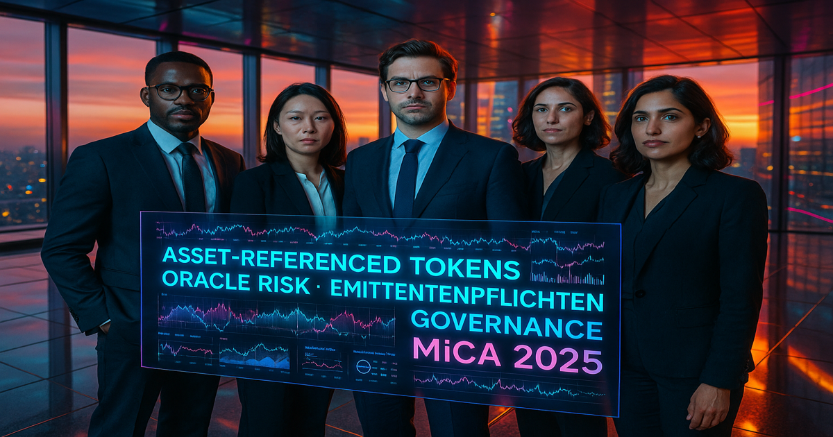 Experten vor futuristischer Skyline analysieren Oraclerisiken, Preisfeeds und MiCA-Pflichten für Asset-Referenced Tokens.