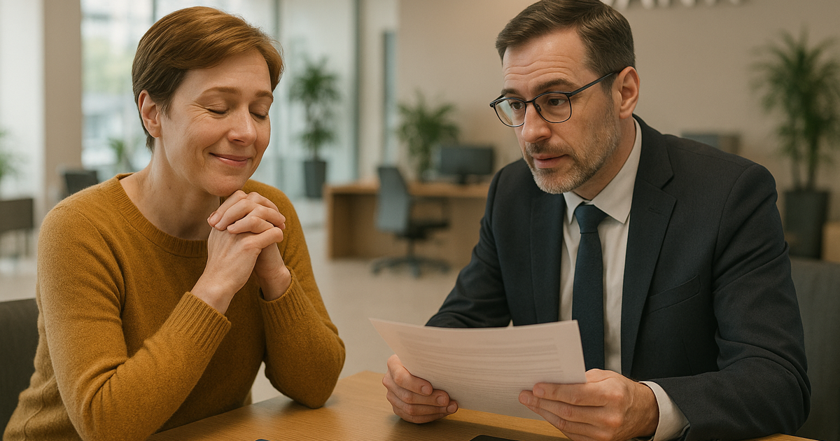 Anwalt erklärt einer betroffenen Person in einer Bankfiliale Unterlagen; Smartphone und Kreditkarte liegen sichtbar auf dem Tisch.