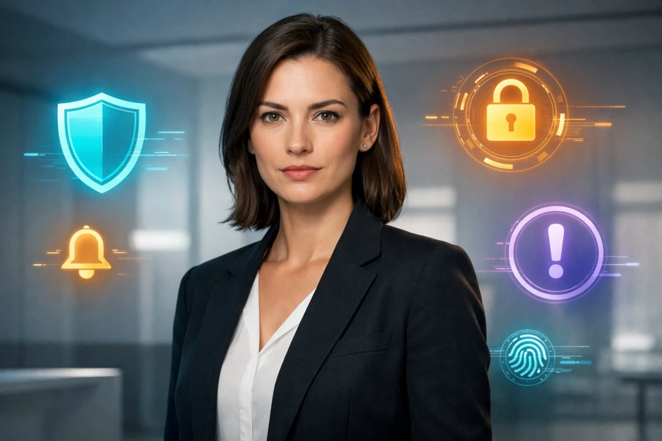 Professionelle Frau vor abstrakten digitalen Sicherheitssymbolen, die Vertrauen in technische Schutzmechanismen vermitteln.