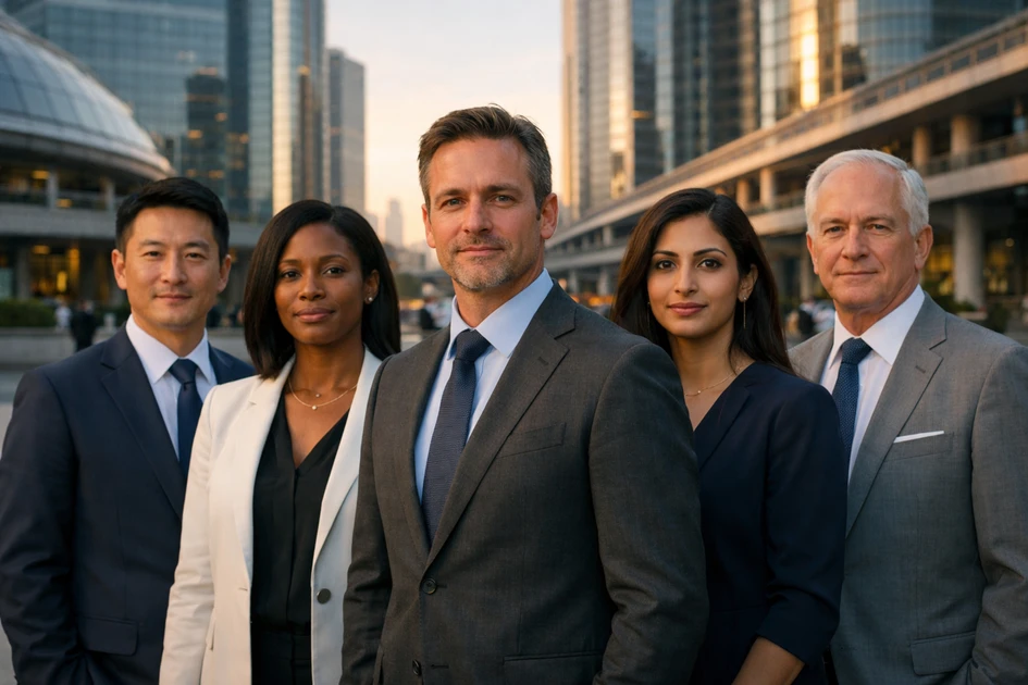 Gruppe professioneller Personen in moderner Stadtumgebung.