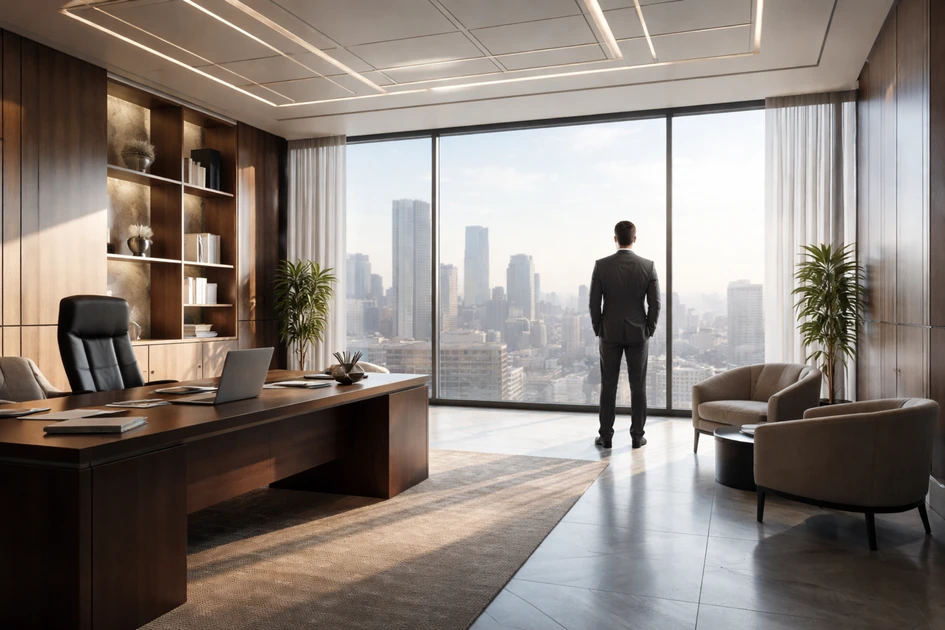 Person auf gläserner Brücke zwischen modernen Hochhäusern.