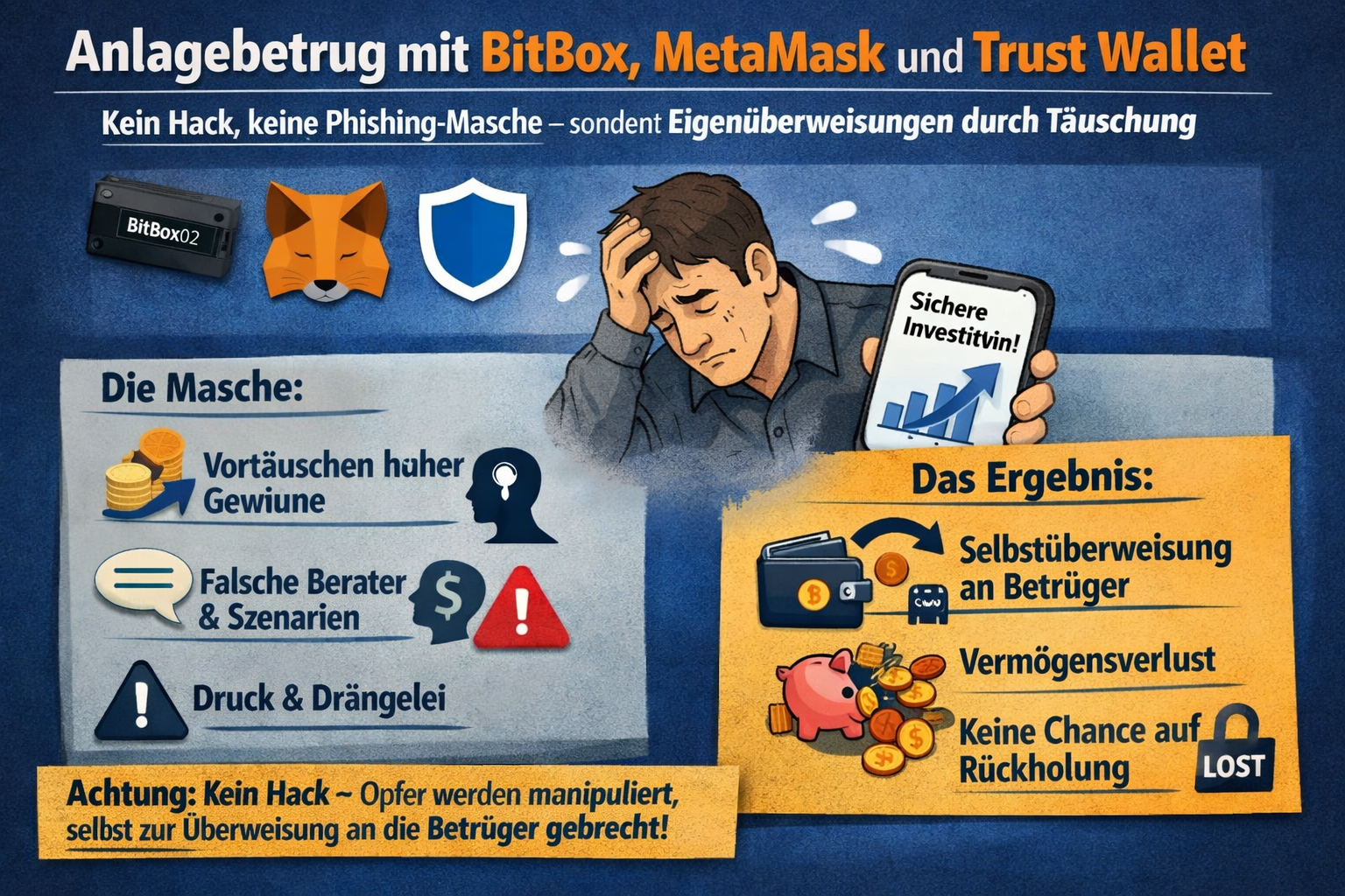 Symbolbild zu Krypto-Betrug durch Phishing, Fake-Plattformen und irreführende Eigenüberweisungen mit Wallets und Trading-Oberflächen.