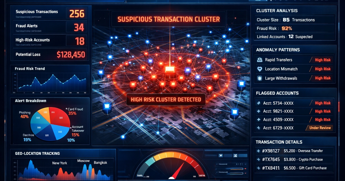 Abstrakte Visualisierung von Cyberrisiko und Kryptotransaktionen im Kontext von Betrug und Datenleck.