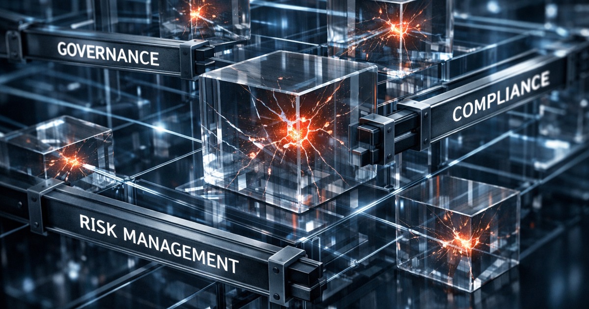 Abstrakte Darstellung einer digitalen Plattformstruktur mit sichtbaren Risikozonen und stabilisierenden Governance-Elementen als Symbol für Organisationspflicht und digitale Resilienz.