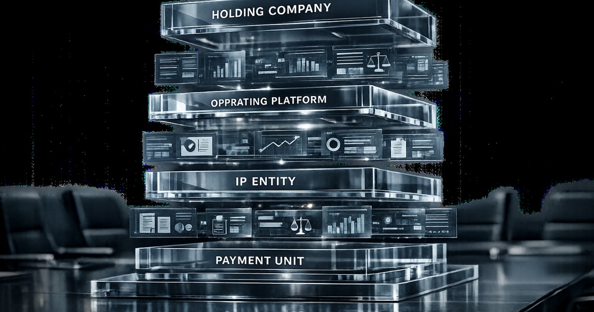 Holding- und Unternehmensstruktur einer Dating-Plattform mit IP-, Payment- und Betriebseinheiten zur Darstellung von Organhaftung und Governance.