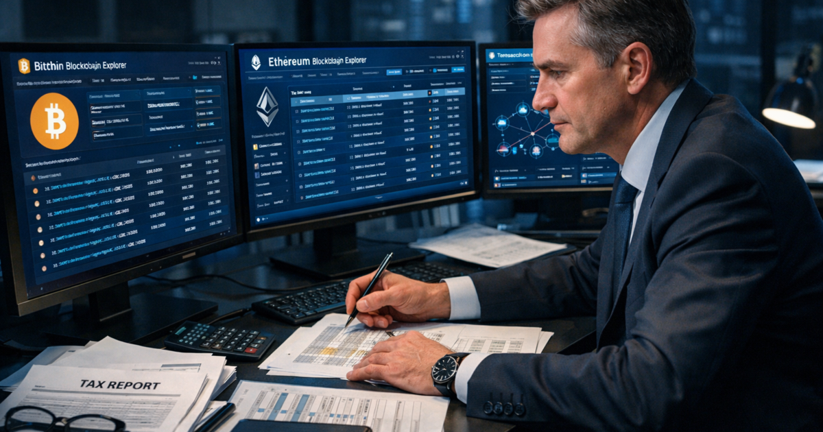 Anwalt untersucht Bitcoin- und Ethereum-Transaktionen auf Blockchain-Explorer-Monitoren – Analyse von Wallet-Beweisen bei Krypto-Betrug.