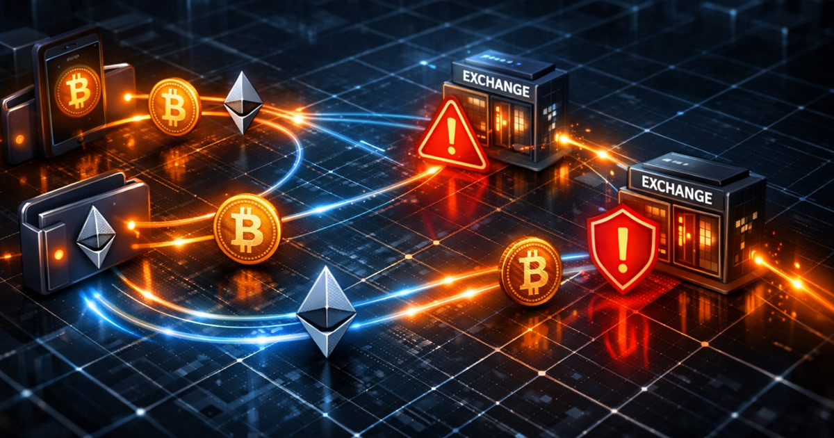 Bitcoin- und Ethereum-Transfers zwischen Wallets und Kryptobörsen – Visualisierung von Plattformrisiken bei Krypto-Betrug.