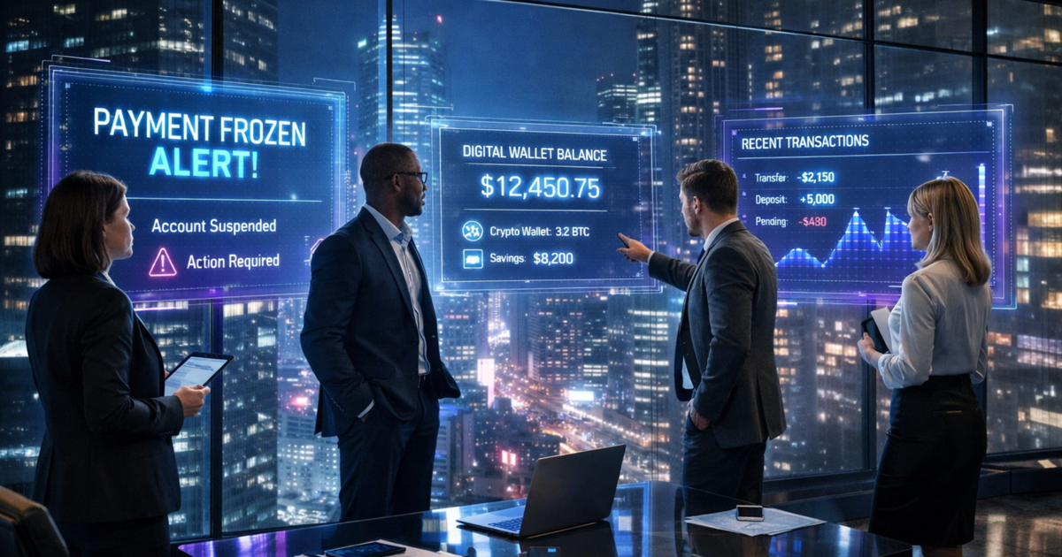 Juristisches Team analysiert eingefrorene Online-Zahlungen und Transaktionen bei Zahlungsdienstleistern.