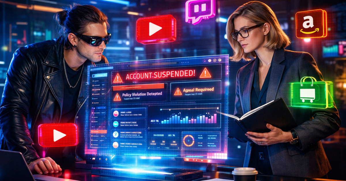 Algorithmische Plattform-Moderation mit Account-Sperre und Risikoindikatoren im digitalen Dashboard.