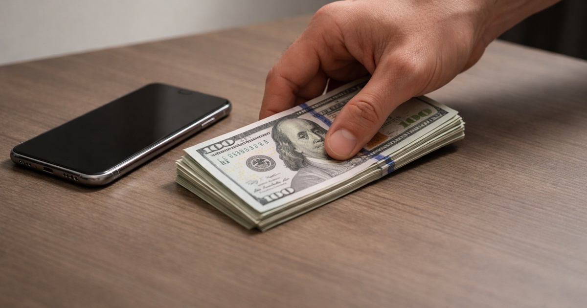 Hand legt Geld neben Smartphone auf Tisch