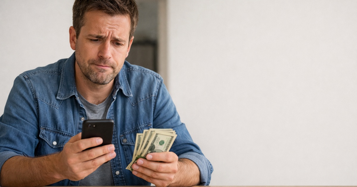 Mann zählt Geld und schaut auf Smartphone