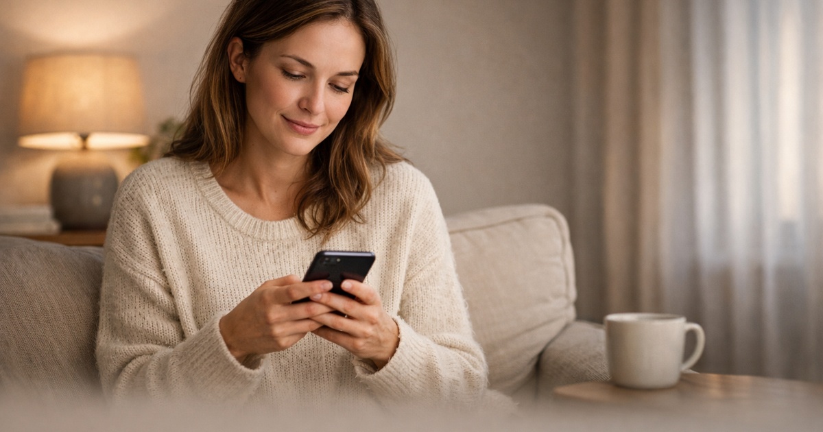 Frau schreibt Nachricht auf Smartphone bei Beginn eines Love Scam Kontakts