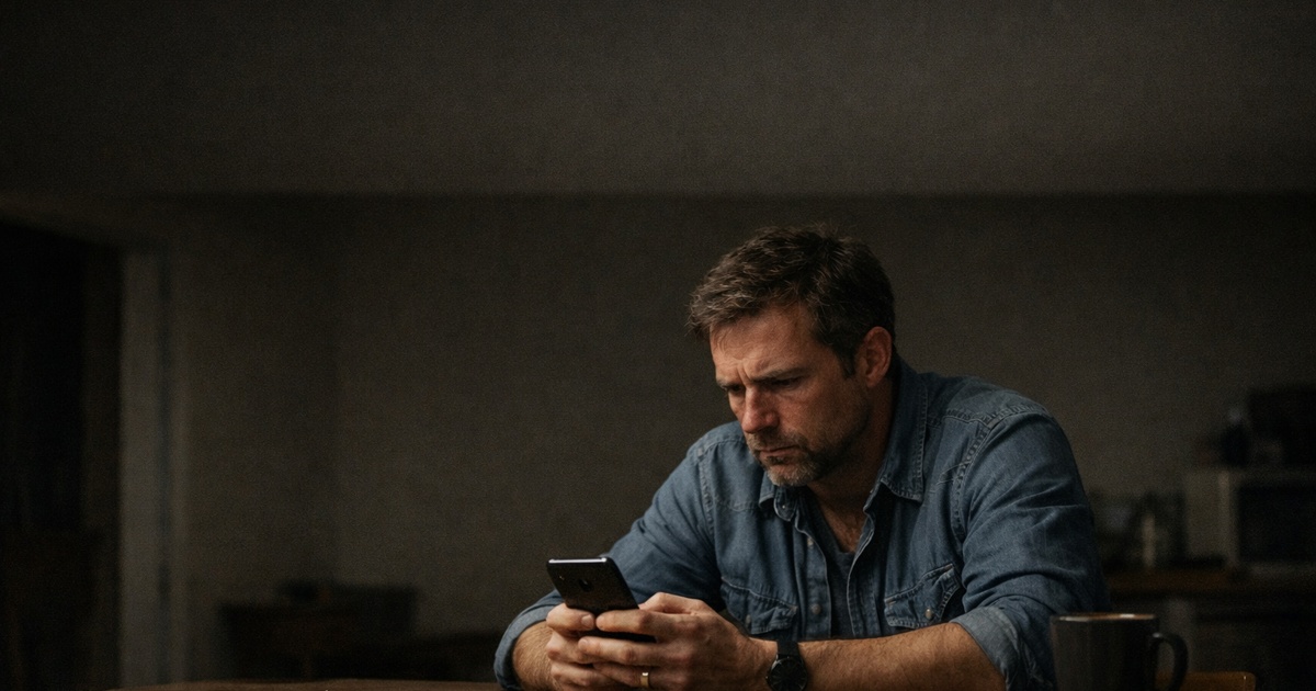 Mann wirkt besorgt über Nachrichten bei möglichem Love Scam