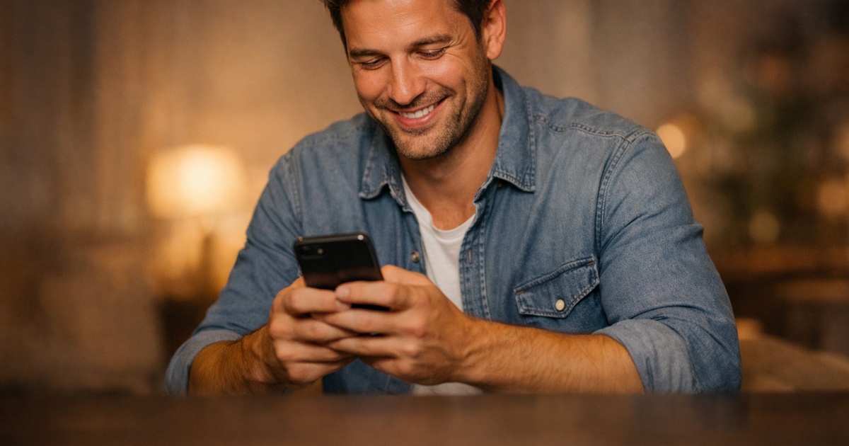 Mann schreibt glücklich Nachrichten während Love Scam Phase