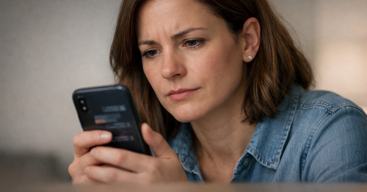 Frau nutzt nachts Smartphone während intensiver Love Scam Kommunikation