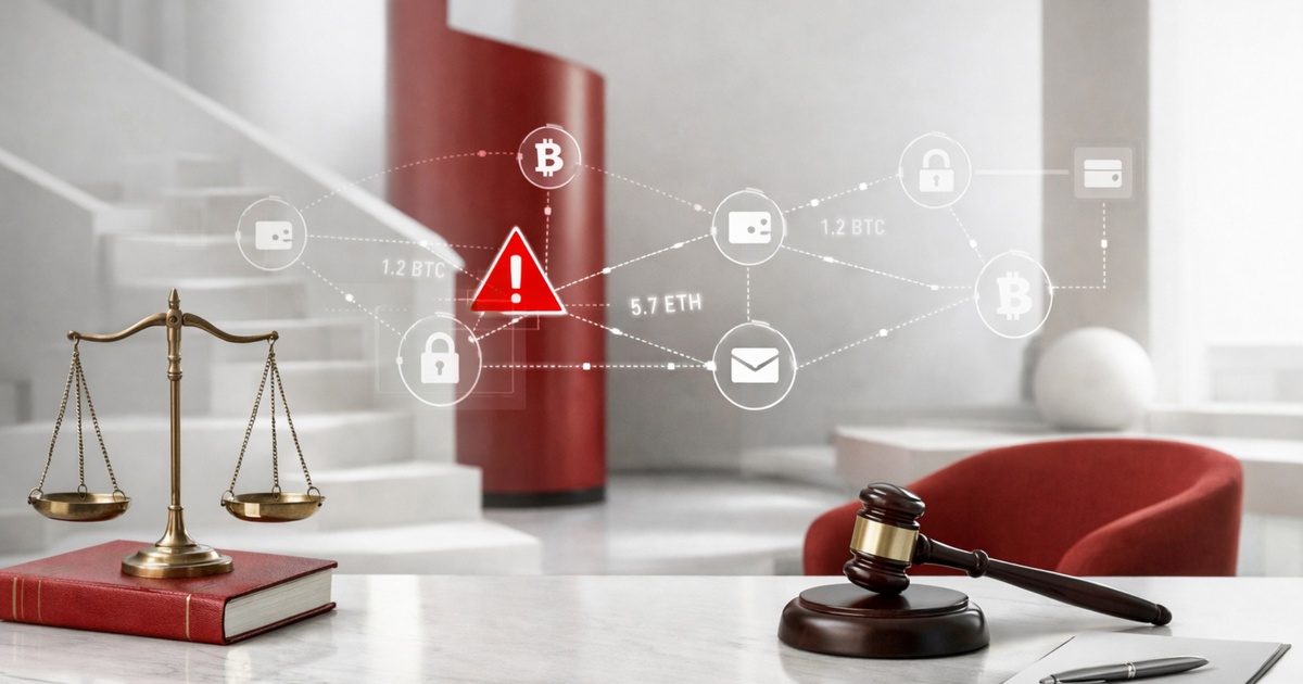 Kanzleiszene mit Waage, Richterhammer und digitalen Symbolen zu Krypto, Sicherheit und Zahlungswegen