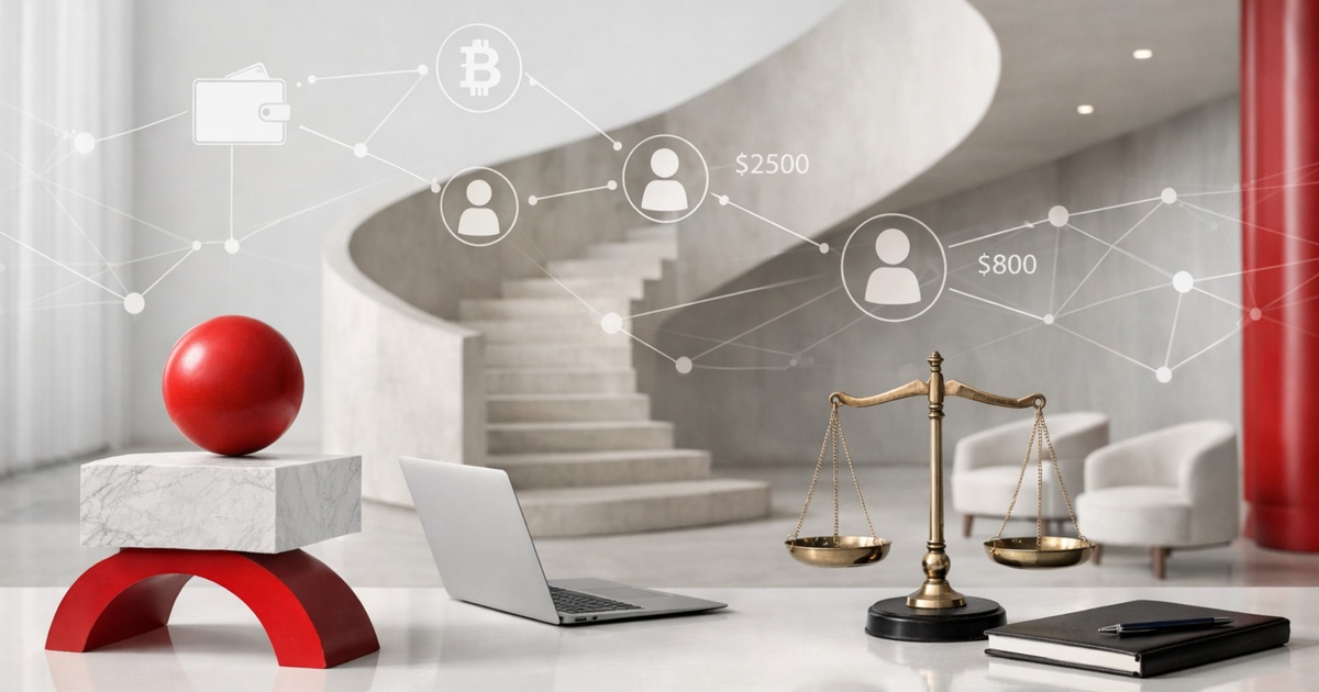 Kanzleiszene mit Waage, Richterhammer und digitalen Symbolen zu Krypto, Sicherheit und Zahlungswegen.