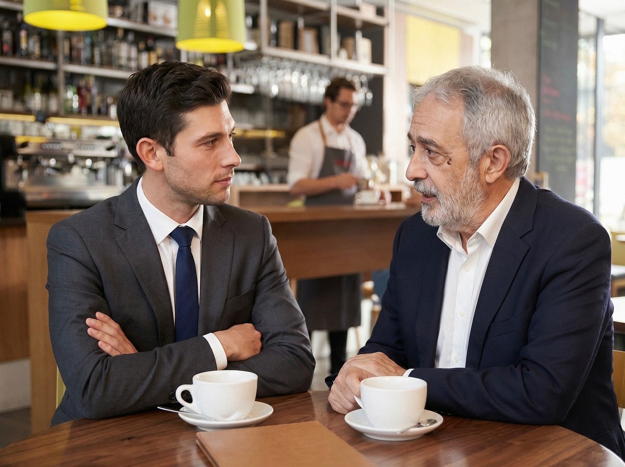 Two people in an informal discussion over coffee, representing the kind of individualized conversation a coach provides alongside a peer group's broader perspective.