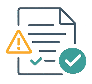 Document icon with an orange warning triangle and green check marks indicating review and correction.