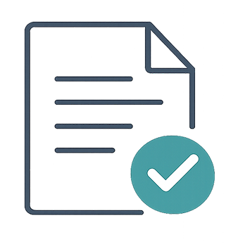 Document icon with lines representing text and a green circle with a white checkmark.