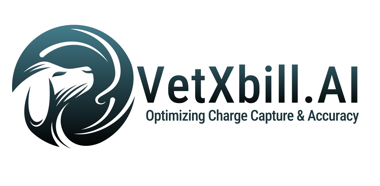 VetXbill.AI logo with stylized animal head in a circular design and tagline about charge capture and accuracy.