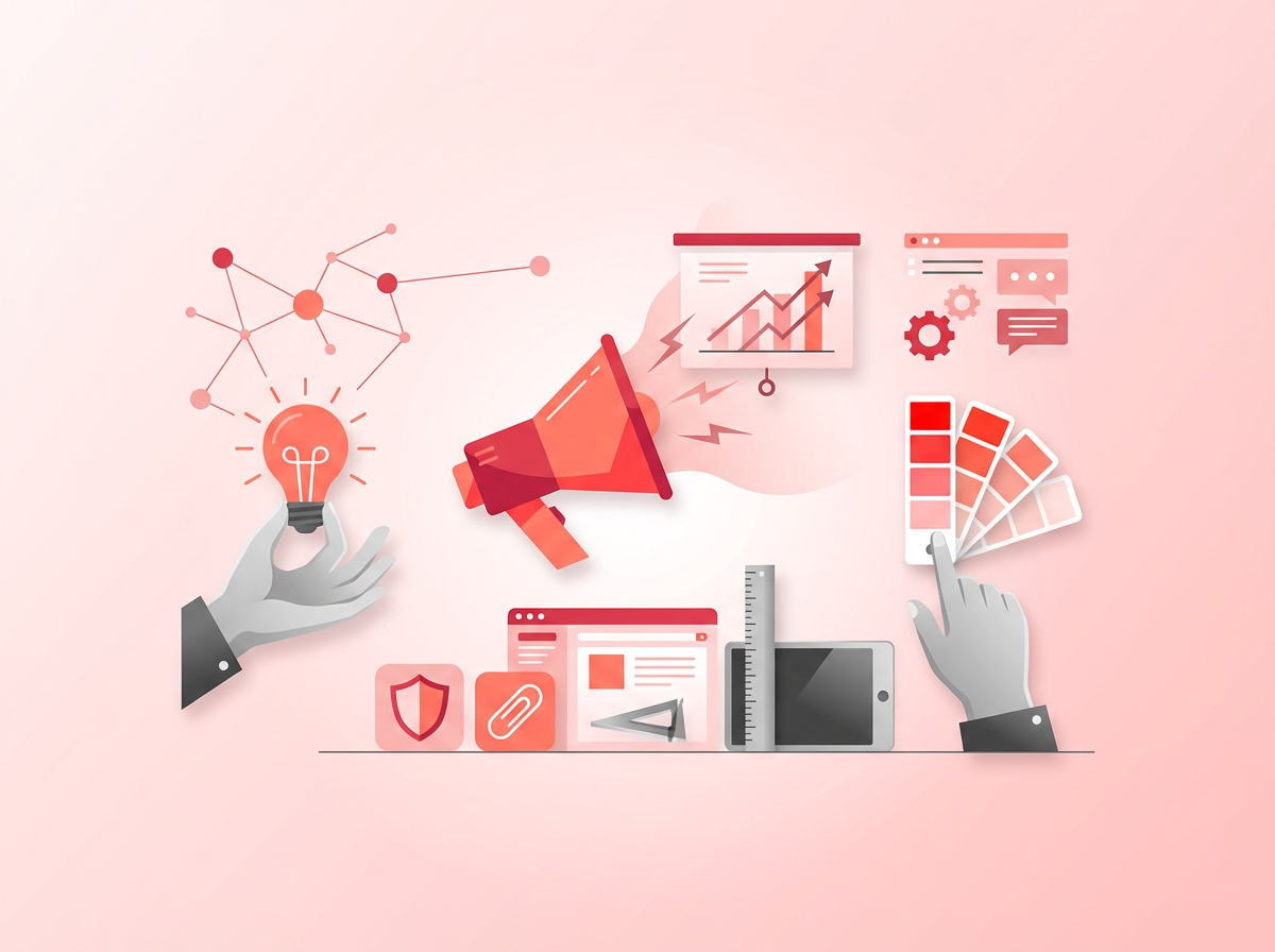 Professional branding agency workspace with brand strategy documents and design materials in Vietnam 