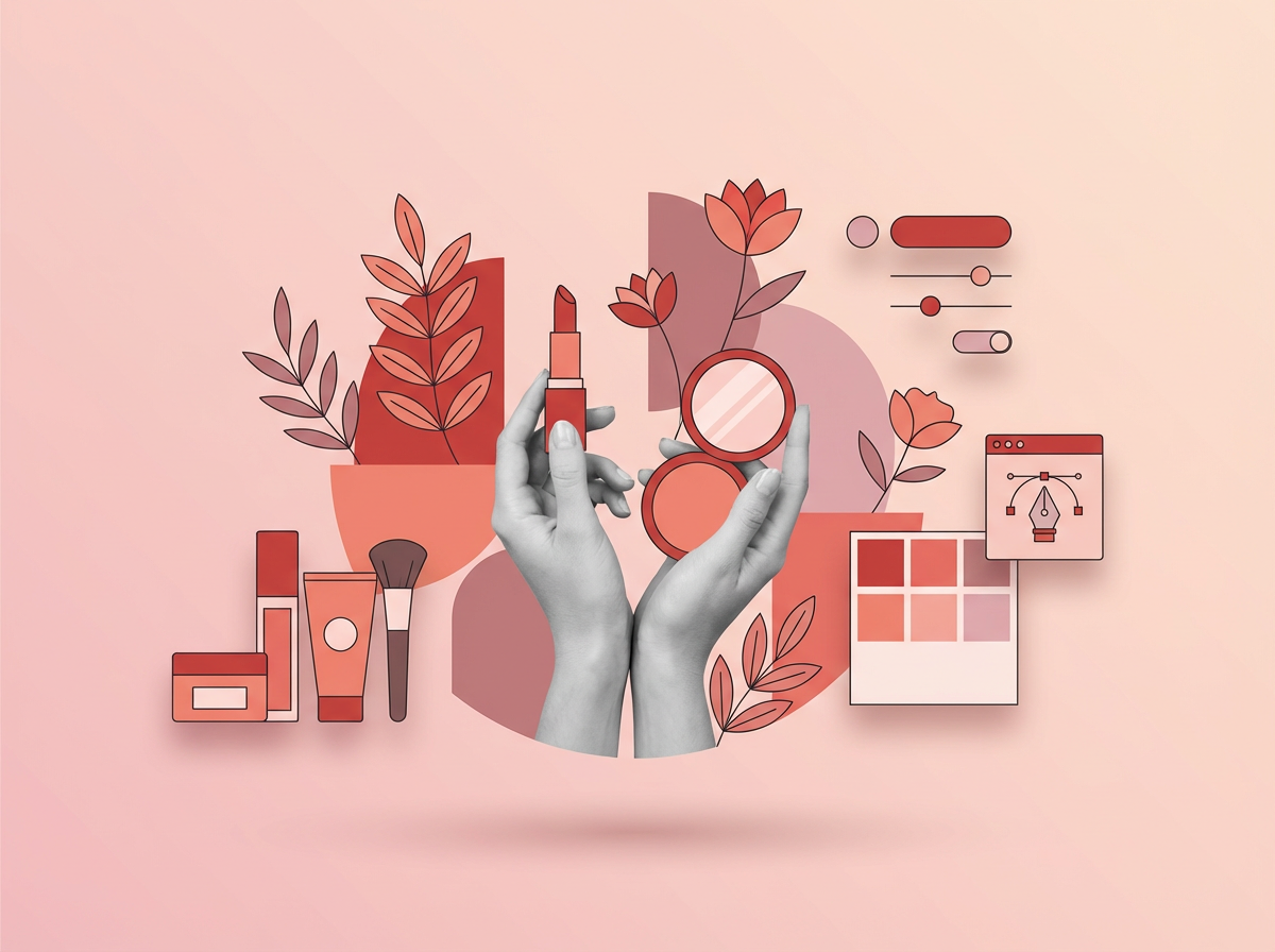 Luxury beauty brand identity elements including premium cosmetic packaging and branding materials 