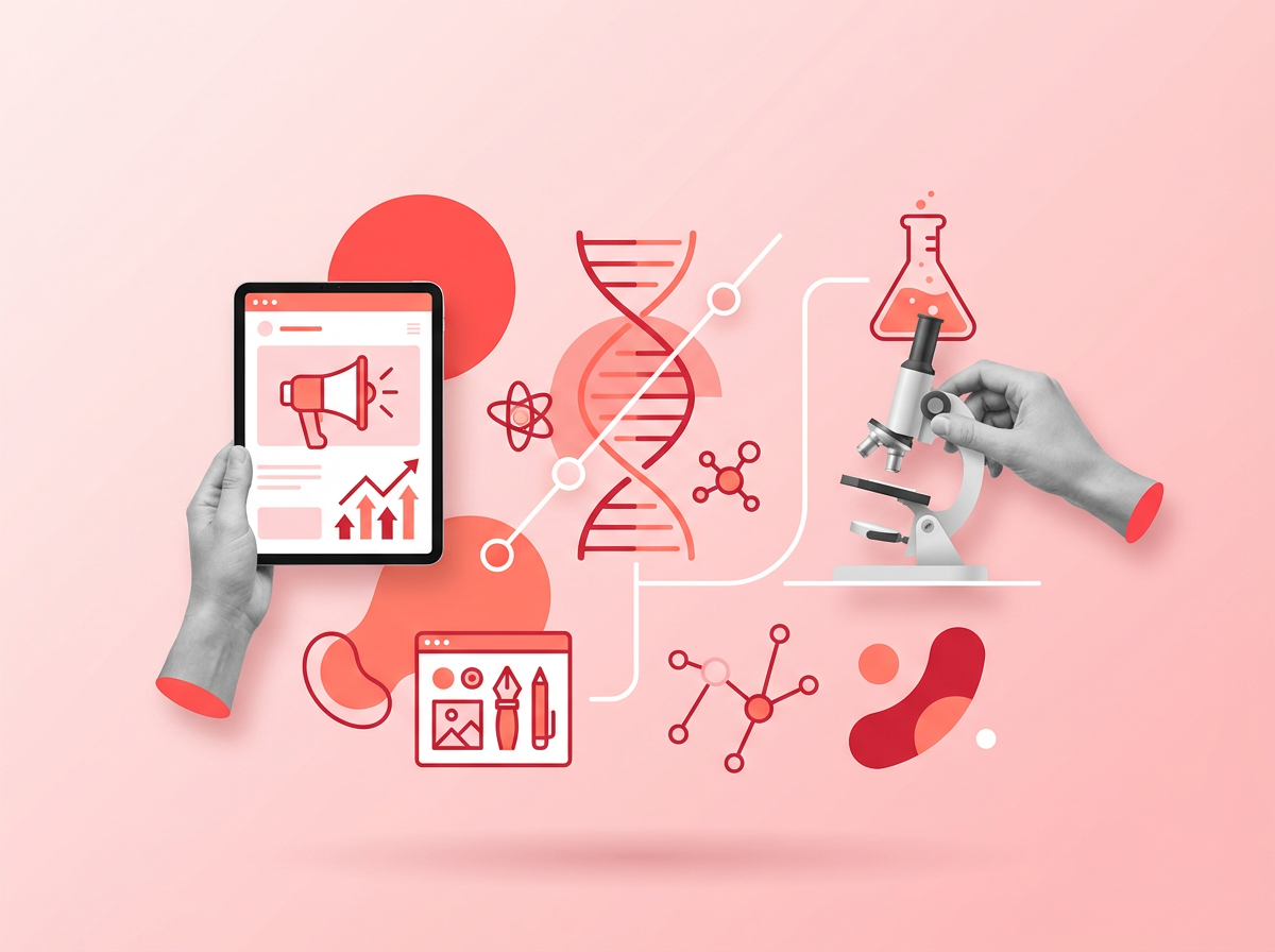 Modern biotech laboratory with scientists working on research and branding materials displayed 