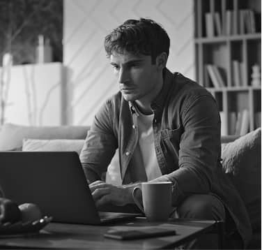 Man in casual clothes focused on working at a laptop with a coffee mug on the table.
