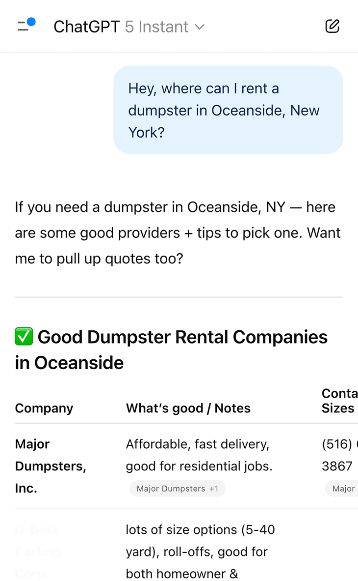 ChatGPT conversation showing a question about renting a dumpster in Oceanside, New York, followed by a response listing good dumpster rental companies with notes and contact info.