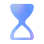 Blue hourglass timer icon with sand flowing from top to bottom.