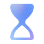 Blue hourglass timer icon with sand flowing from top to bottom.