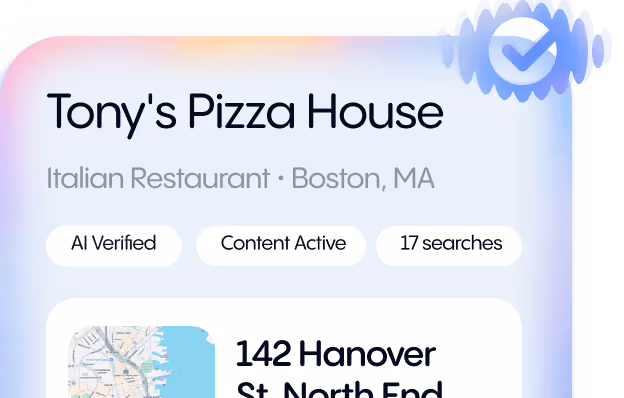 Business listing for Tony's Pizza House, an Italian restaurant in Boston, MA, showing AI verified status, content active, 17 searches, and 142 Hanover St address.